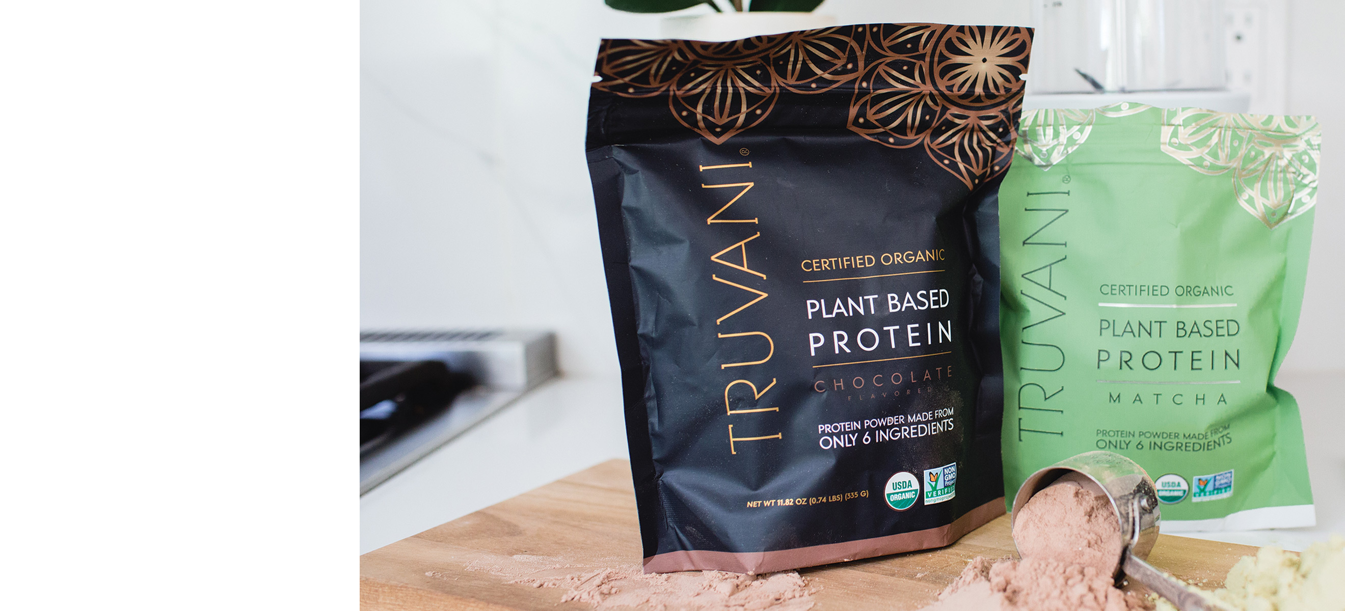 plant-based protein powders on kitchen counter 